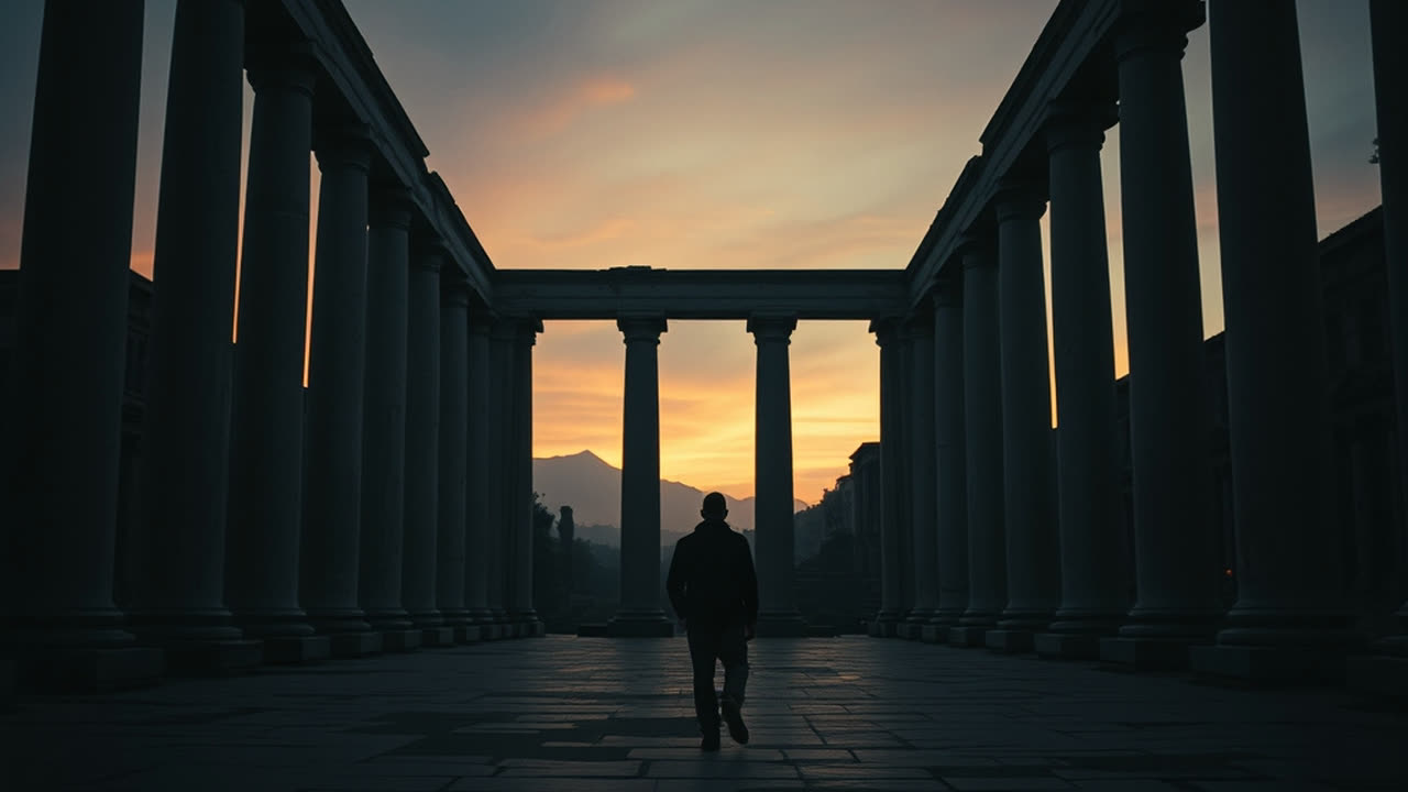 Cinematic still: silhouetted figure walking through an ancient colonnade at sunset