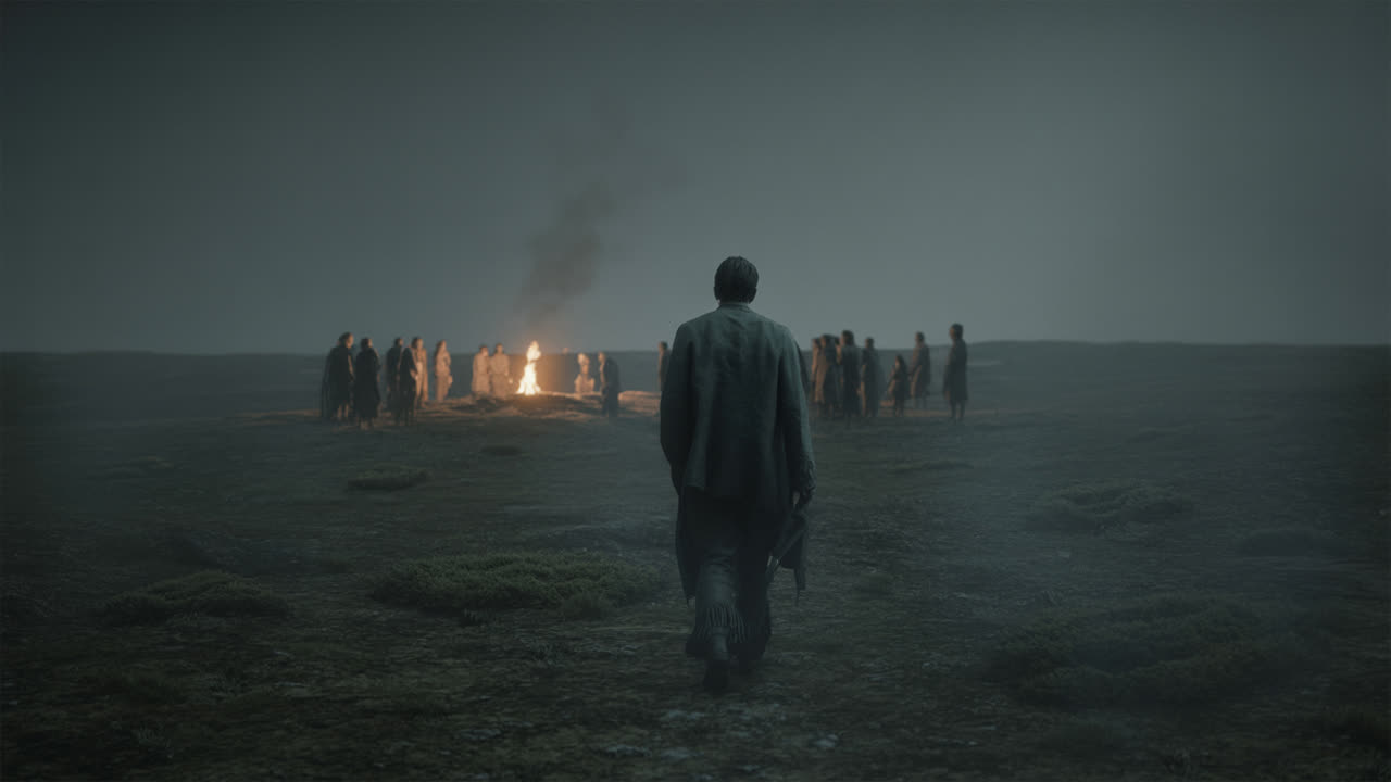 Cinematic still: a lone figure walking into a cold wilderness away from distant firelight
