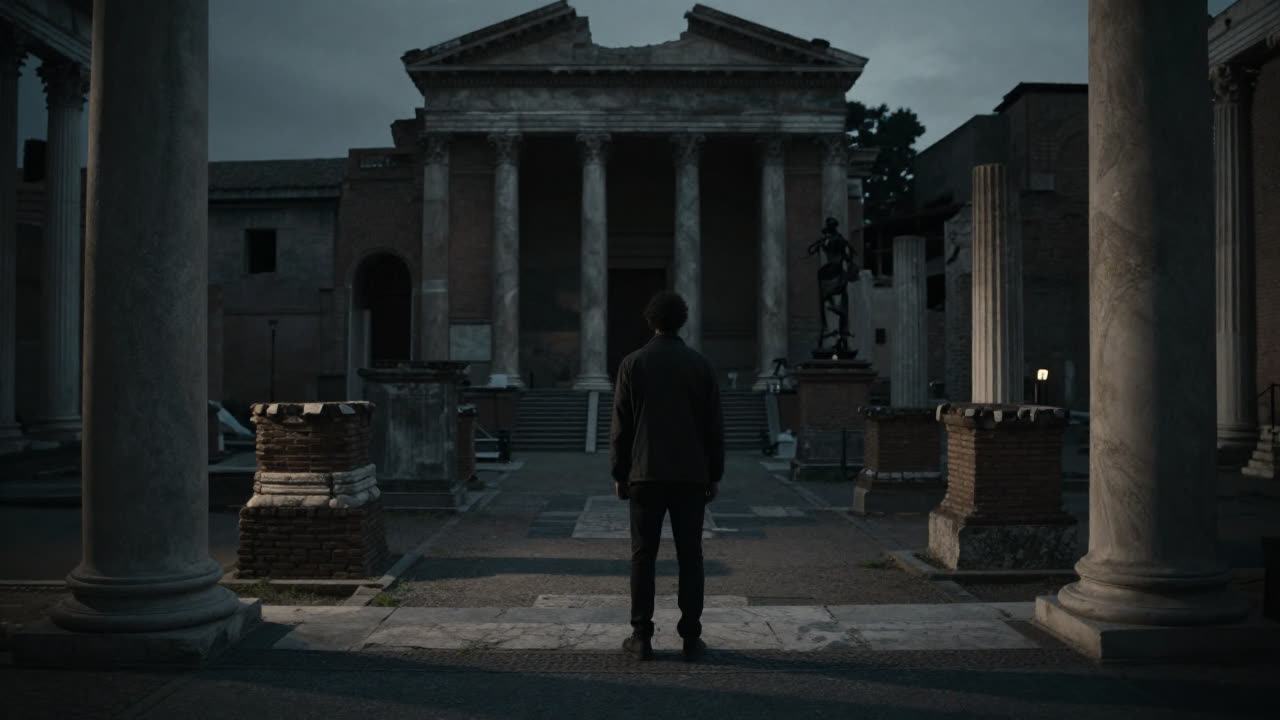 Sample frame: a lone figure in a Roman forum at dusk — cinematic still from a QuietReel video
